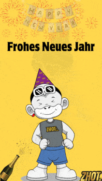 a cartoon monkey wearing a party hat and sunglasses says frohes neues jahr