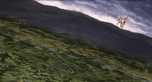 a cartoon drawing of a dragon flying over a valley