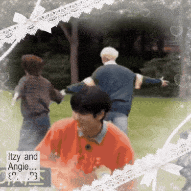 a group of people are dancing in a park with the words itzy and angie on the bottom
