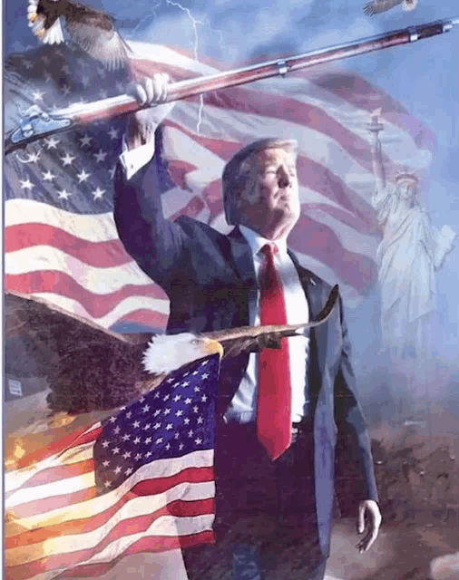 a man in a suit and tie is holding an american flag in front of a statue of liberty