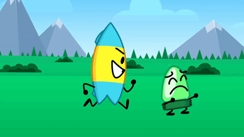 a blue and yellow surfboard is standing next to a green object with a sad face on it