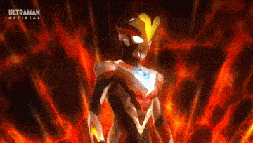 a cartoon character from ultraman is standing in front of a fire background .