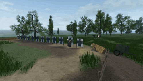 a computer generated image of a field with trees and a sign that says ' ambulance ' on it