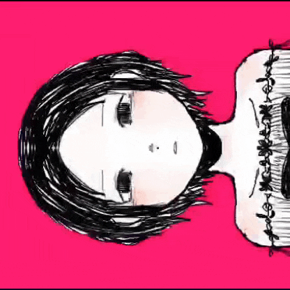 a black and white drawing of a woman 's face with a pink background