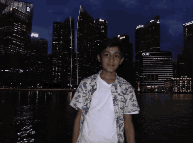 a boy stands in front of a city skyline with a building that says que on it