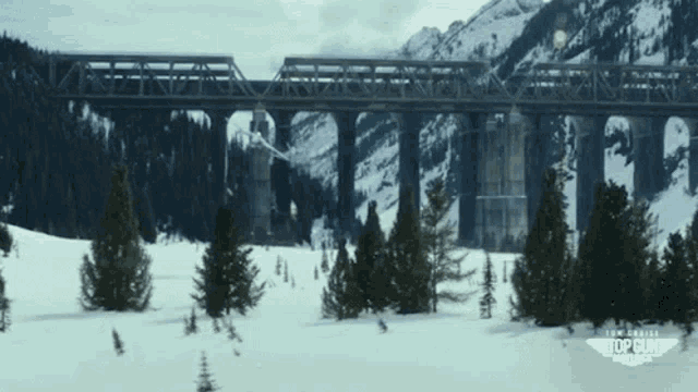 a bridge in the middle of a snowy forest with top gun written on it