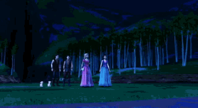 barbie and rapunzel are standing next to each other in a forest at night .
