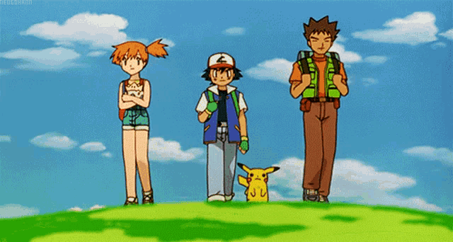 a group of cartoon characters are standing on a grassy hill
