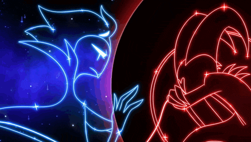 a blue and red cartoon character are standing next to each other in a dark room .
