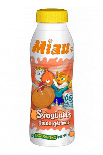 a bottle of miau svoguninis pieno gerimas with two cats on it