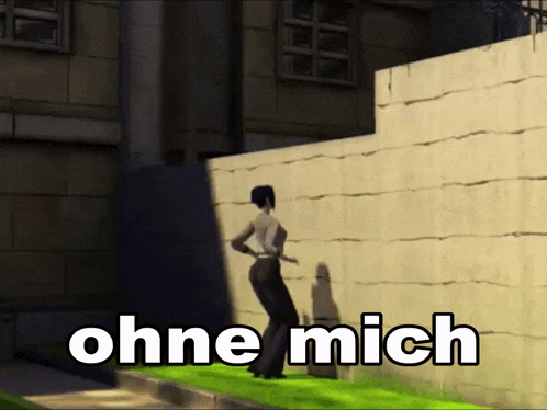 a cartoon of a woman jumping over a fence with the words ohne mich written on the bottom