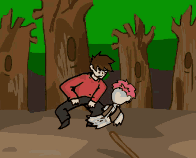 a cartoon drawing of a man holding a skeleton