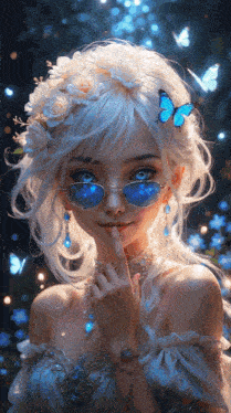 a girl with white hair wearing sunglasses and a wreath of flowers