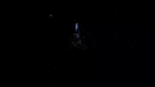 an asteroid is flying through the night sky with a shooting star in the background .