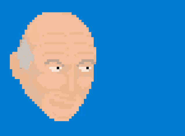 a pixel art of a bald man with a bala speech bubble