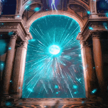 a portal in a building with a lightning bolt coming through it