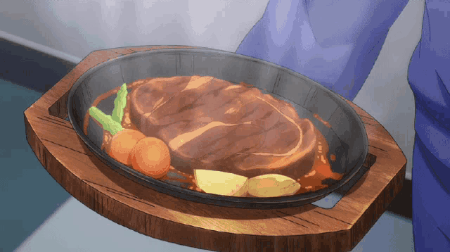 a person is holding a plate of food with a steak on it