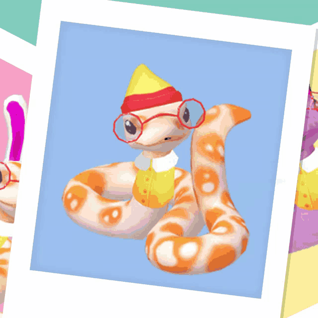a picture of a snake with glasses and a yellow hat