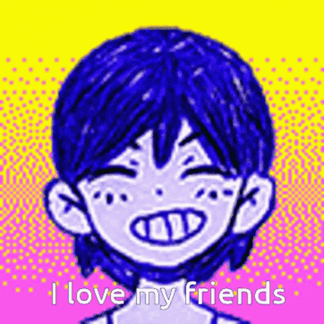 a drawing of a boy with blue hair is smiling and saying `` i love my friends '' .