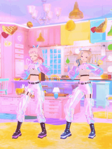 two anime girls are dancing in a kitchen with a pizza flying in the background