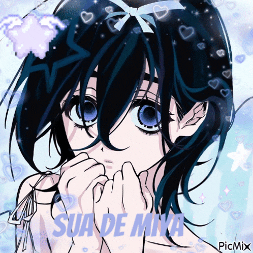 a drawing of a girl with blue eyes and the words sua de mika below her