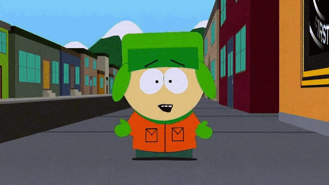 a cartoon character with a green hat and an orange jacket