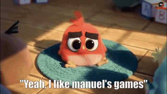 a cartoon character says " yeah i like manuel 's games " while sitting on a rug