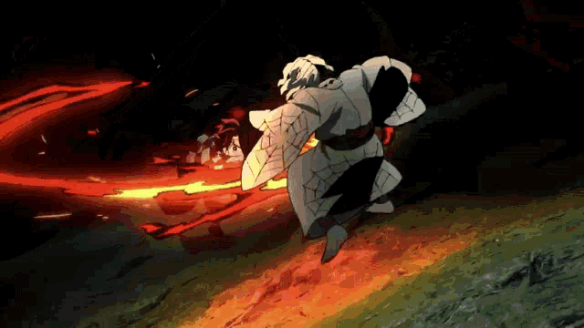 a man in a white kimono is holding a red sword in a dark room