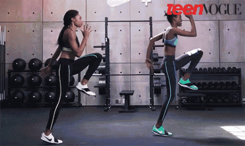 two women are doing exercises in a gym with a teen vogue logo in the background