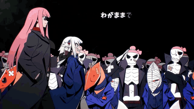 a group of skeletons are standing next to each other with a pink haired girl standing between them