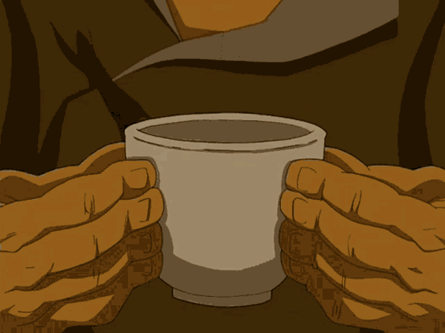 a cartoon drawing of a person holding a cup of tea