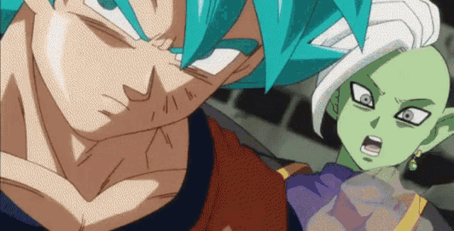 a close up of a cartoon character with blue hair