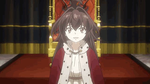 a girl is sitting on a throne wearing a red coat