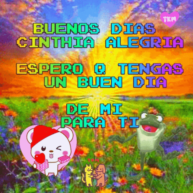 a frog holding a heart with the words buenos dias cinthia alegria on it