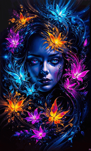 a painting of a woman surrounded by flowers and butterflies