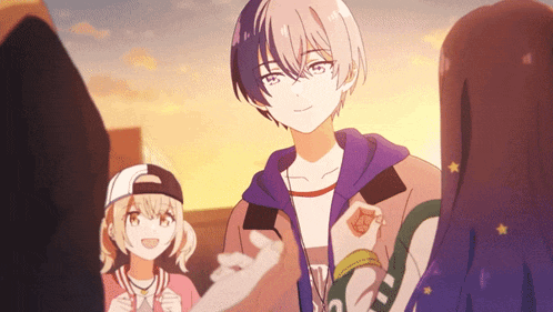 a boy in a purple jacket is smiling in front of a girl in a baseball cap