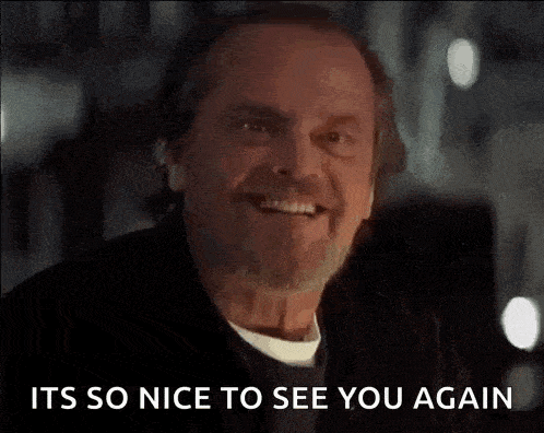 a man with a beard and mustache is smiling and says `` it 's so nice to see you again '' .