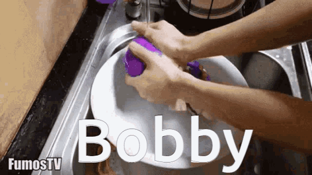 a person is washing a plate in a sink and the name bobby is above them