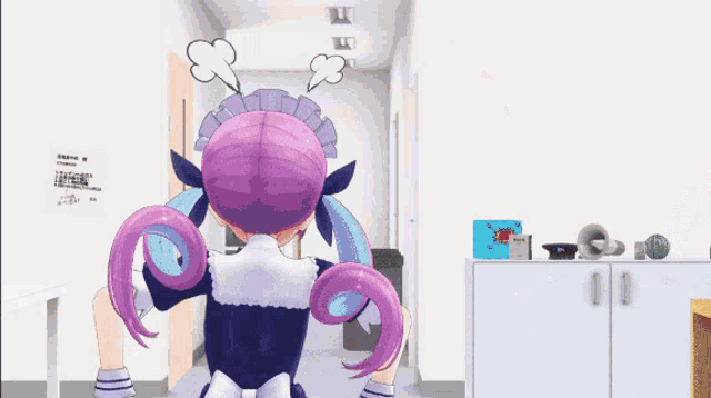 a cartoon girl with purple hair is standing in a room