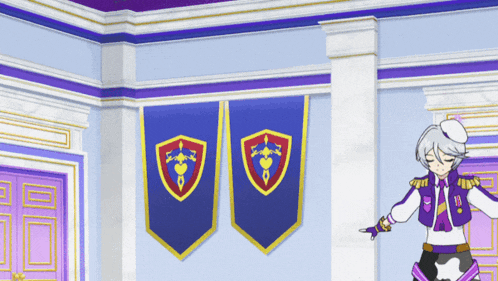 a cartoon character is standing in a room with purple walls