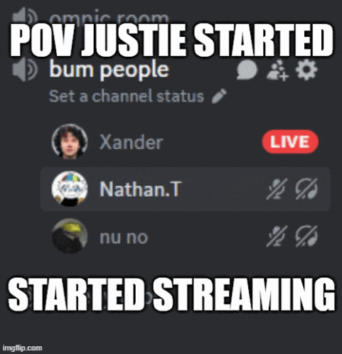 a screen that says pov justie started bum people set a channel status