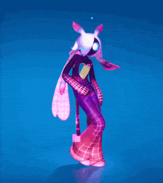 a purple and pink cartoon character with a heart in his chest