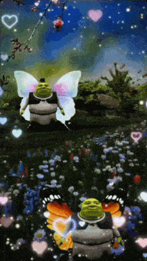 shrek is sitting in a field of flowers with butterflies .
