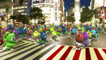 a crowd of gummy bears are crossing a street