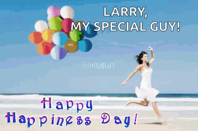 a happy happiness day card with a woman jumping in the air with balloons
