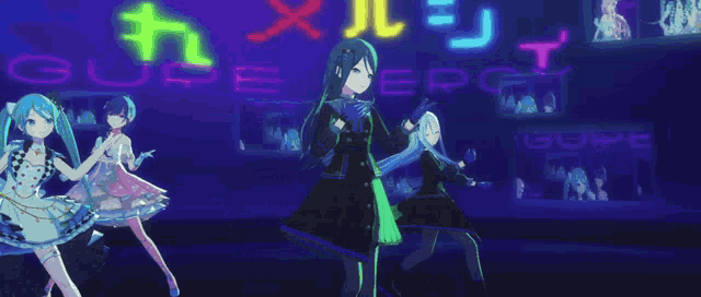 a group of anime girls are dancing in front of a neon sign that says super energy