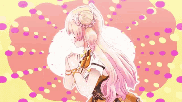 a cartoon girl with pink hair and a bow on her head