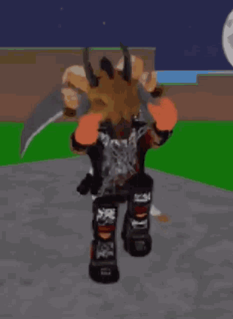 a cartoon character with horns and a sword on his back is standing on a sidewalk .