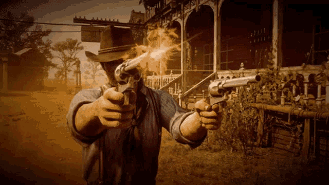 a man in a cowboy hat is holding two guns