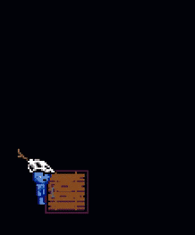 a pixel art of a wizard standing next to a wooden barrel